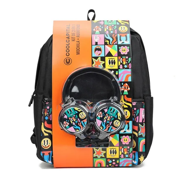 Mochila para laptop + audífonos alámbricos on ear | CoolCapital Black Stickers | 15.6" combo