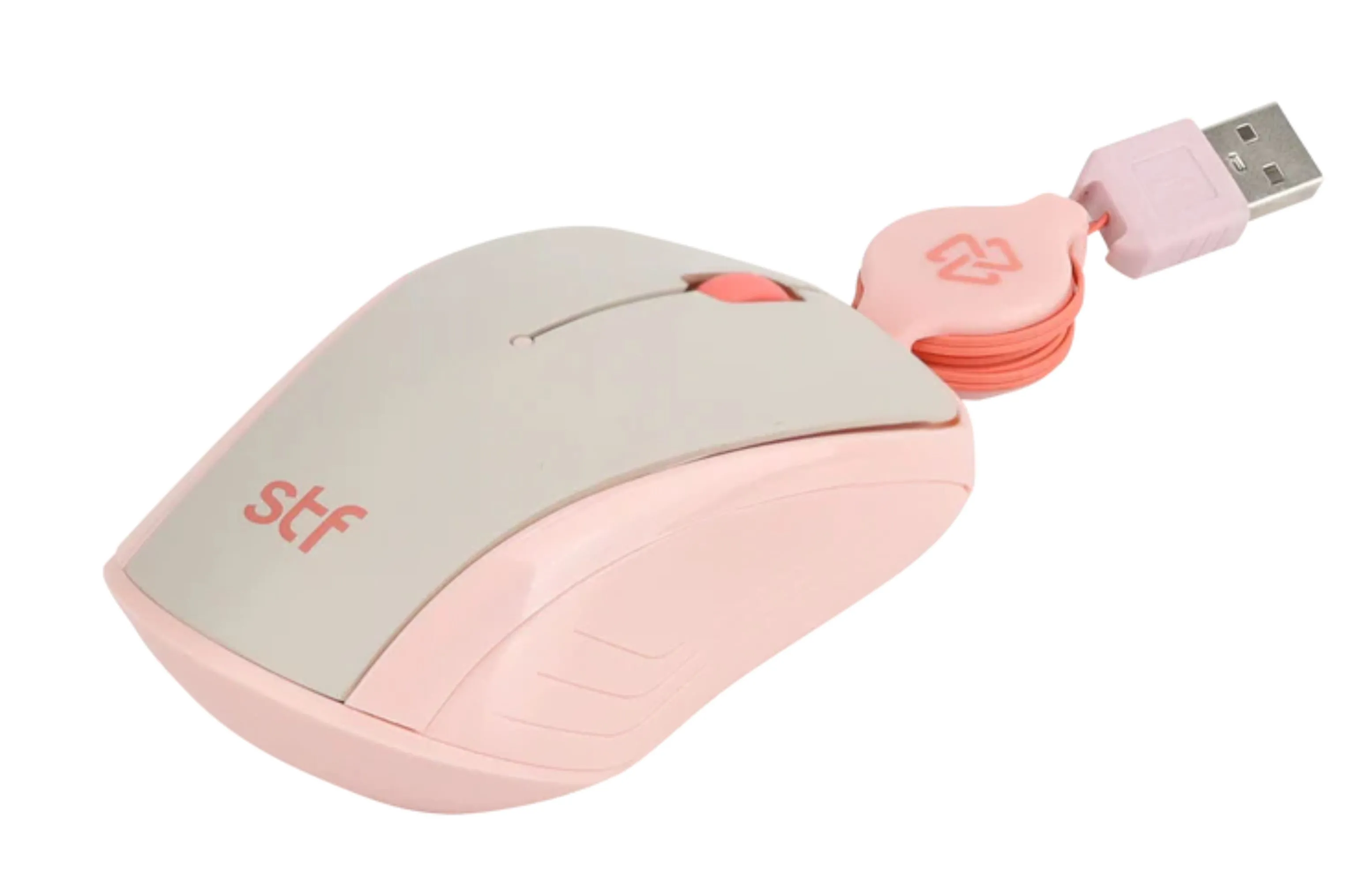Mouse Alámbrico Retráctil STF VIVA: 1600 DPI, Ergonómico, USB, 80cm, Rosa