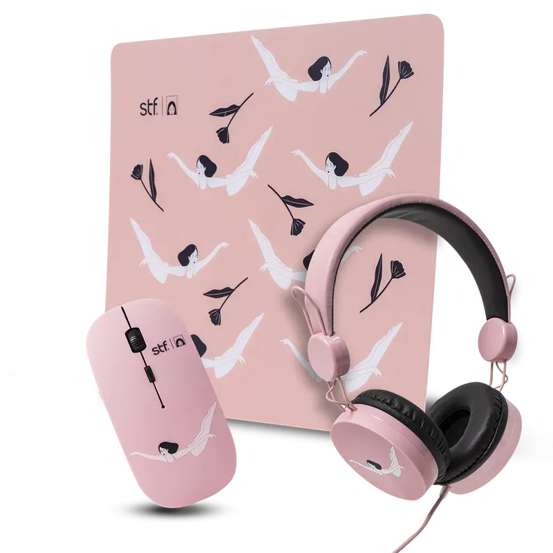 Kit Audífonos, mouse y mousepad | STF Mariana Motoko 3 en 1 | para computadora rosa